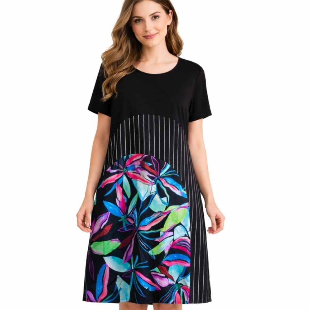 Minkas | Black Floral | Stripes Pockets Round Neck Dress